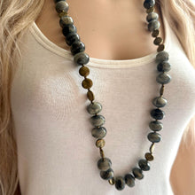 Load image into Gallery viewer, Black Gray &amp; Gold Coin Long Necklace, Vintage Double or single strand gold jewelry, big beaded chunky statement necklace, black gold metal