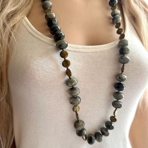 Black Gray & Gold Coin Long Necklace, Vintage Double or single strand gold jewelry, big beaded chunky statement necklace, black gold metal