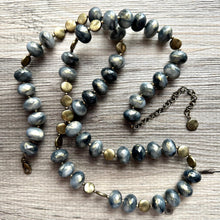 Load image into Gallery viewer, Black Gray &amp; Gold Coin Long Necklace, Vintage Double or single strand gold jewelry, big beaded chunky statement necklace, black gold metal