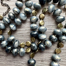 Load image into Gallery viewer, Black Gray &amp; Gold Coin Long Necklace, Vintage Double or single strand gold jewelry, big beaded chunky statement necklace, black gold metal