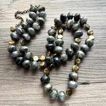 Load image into Gallery viewer, Black Gray &amp; Gold Coin Long Necklace, Vintage Double or single strand gold jewelry, big beaded chunky statement necklace, black gold metal