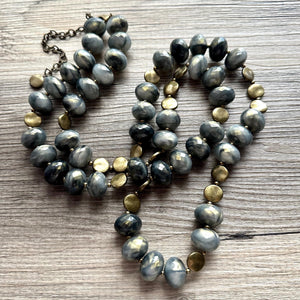 Black Gray & Gold Coin Long Necklace, Vintage Double or single strand gold jewelry, big beaded chunky statement necklace, black gold metal