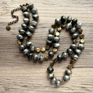 Black Gray & Gold Coin Long Necklace, Vintage Double or single strand gold jewelry, big beaded chunky statement necklace, black gold metal