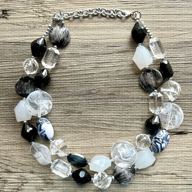Black & White Splash Contrast Statement Necklace, chunky beaded jewelry, neutral necklace, black white neutral necklace, beaded jewelry dark