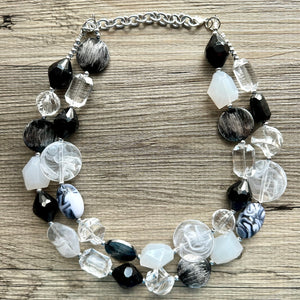 Black & White Splash Contrast Statement Necklace, chunky beaded jewelry, neutral necklace, black white neutral necklace, beaded jewelry dark
