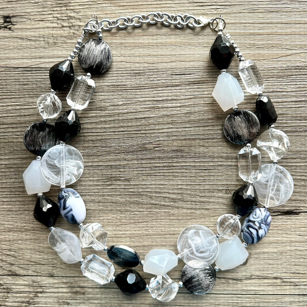Black & White Splash Contrast Statement Necklace, chunky beaded jewelry, neutral necklace, black white neutral necklace, beaded jewelry dark