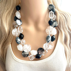 Black & White Splash Contrast Statement Necklace, chunky beaded jewelry, neutral necklace, black white neutral necklace, beaded jewelry dark
