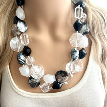 Load image into Gallery viewer, Black &amp; White Splash Contrast Statement Necklace, chunky beaded jewelry, neutral necklace, black white neutral necklace, beaded jewelry dark