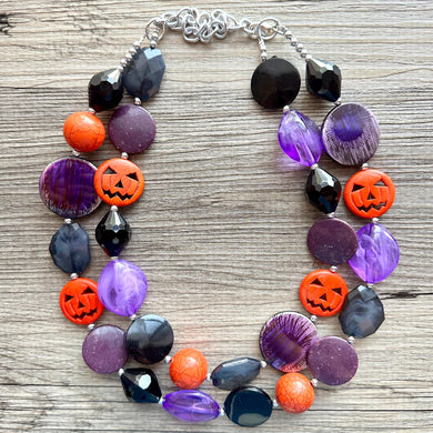 Orange & Black Purple Halloween Necklace, Double strand orange jewelry, jack O Lantern pumpkin chunky big bead statement necklace