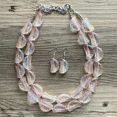 Blush Pink Clementine Statement Necklace, Big beaded jewelry, double Strand Statement Necklace, Bib necklace, bridesmaid wedding, baby pink