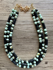 Mint Chocolate Chip Statement Necklace, Green beaded chunky bib jewelry, gold mint dyed necklace, brown green necklace, neutral necklace