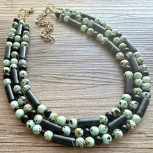 Load image into Gallery viewer, Mint Chocolate Chip Statement Necklace, Green beaded chunky bib jewelry, gold mint dyed necklace, brown green necklace, neutral necklace