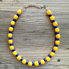 Load image into Gallery viewer, Yellow &amp; Royal Blue Single 1 Strand Big Beaded Statement Necklace, mustard yellow Jewelry, beaded yellow bridesmaid necklace jewelry