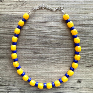 Yellow & Royal Blue Single 1 Strand Big Beaded Statement Necklace, mustard yellow Jewelry, beaded yellow bridesmaid necklace jewelry