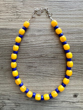 Load image into Gallery viewer, Yellow &amp; Royal Blue Single 1 Strand Big Beaded Statement Necklace, mustard yellow Jewelry, beaded yellow bridesmaid necklace jewelry