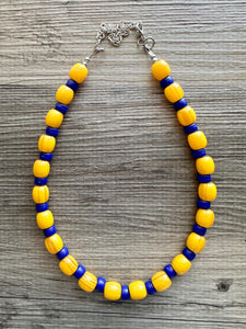 Yellow & Royal Blue Single 1 Strand Big Beaded Statement Necklace, mustard yellow Jewelry, beaded yellow bridesmaid necklace jewelry