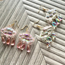 Load image into Gallery viewer, Rainbow Cloud in Resin drop Earrings, Gold drop Earrings shiny jewelry earrings metal geometric sparkle rainstorm weather blush pink holiday