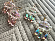 Load image into Gallery viewer, Rainbow Cloud in Resin drop Earrings, Gold drop Earrings shiny jewelry earrings metal geometric sparkle rainstorm weather blush pink holiday