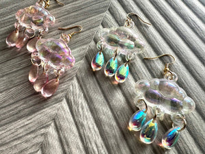 Rainbow Cloud in Resin drop Earrings, Gold drop Earrings shiny jewelry earrings metal geometric sparkle rainstorm weather blush pink holiday