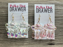 Load image into Gallery viewer, Rainbow Cloud in Resin drop Earrings, Gold drop Earrings shiny jewelry earrings metal geometric sparkle rainstorm weather blush pink holiday