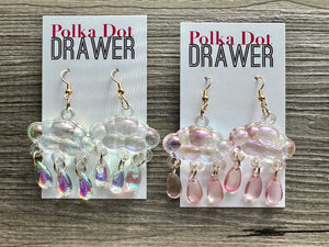 Rainbow Cloud in Resin drop Earrings, Gold drop Earrings shiny jewelry earrings metal geometric sparkle rainstorm weather blush pink holiday