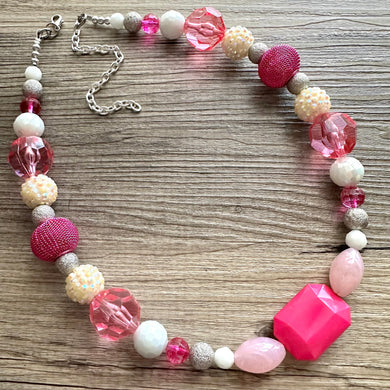 Metallic Sparkle Pink White gold silver beaded statement necklace, single strand necklace, Valentine's Day jewelry, big bead jewelry decor