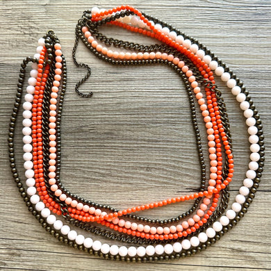 Vintage coral Beaded 7 strand long chain necklace, skinny copper white statement necklace, everyday metal chunky layering peach gunmetal