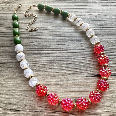 Christmas Colorblock Necklace, Red Holiday Jewelry, Green White Jewelry, Beaded Christmas Present silver cluster single strand OOAK necklace