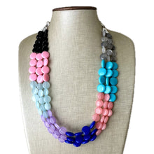 Load image into Gallery viewer, Color Block 3 Strand Statement Necklace, Chunky Jewelry Big Beaded Necklace, coral blue black gray, bead bubble pink peach earrings