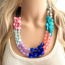 Load image into Gallery viewer, Color Block 3 Strand Statement Necklace, Chunky Jewelry Big Beaded Necklace, coral blue black gray, bead bubble pink peach earrings