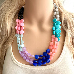 Color Block 3 Strand Statement Necklace, Chunky Jewelry Big Beaded Necklace, coral blue black gray, bead bubble pink peach earrings