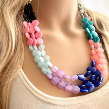 Load image into Gallery viewer, Color Block 3 Strand Statement Necklace, Chunky Jewelry Big Beaded Necklace, coral blue black gray, bead bubble pink peach earrings