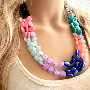 Color Block 3 Strand Statement Necklace, Chunky Jewelry Big Beaded Necklace, coral blue black gray, bead bubble pink peach earrings