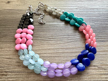 Load image into Gallery viewer, Color Block 3 Strand Statement Necklace, Chunky Jewelry Big Beaded Necklace, coral blue black gray, bead bubble pink peach earrings