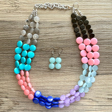 Load image into Gallery viewer, Color Block 3 Strand Statement Necklace, Chunky Jewelry Big Beaded Necklace, coral blue black gray, bead bubble pink peach earrings