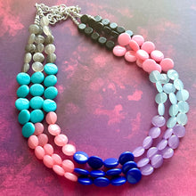 Load image into Gallery viewer, Color Block 3 Strand Statement Necklace, Chunky Jewelry Big Beaded Necklace, coral blue black gray, bead bubble pink peach earrings