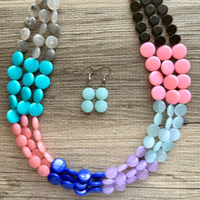 Load image into Gallery viewer, Color Block 3 Strand Statement Necklace, Chunky Jewelry Big Beaded Necklace, coral blue black gray, bead bubble pink peach earrings