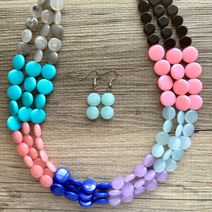 Color Block 3 Strand Statement Necklace, Chunky Jewelry Big Beaded Necklace, coral blue black gray, bead bubble pink peach earrings