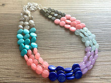 Load image into Gallery viewer, Color Block 3 Strand Statement Necklace, Chunky Jewelry Big Beaded Necklace, coral blue black gray, bead bubble pink peach earrings