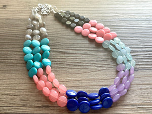 Color Block 3 Strand Statement Necklace, Chunky Jewelry Big Beaded Necklace, coral blue black gray, bead bubble pink peach earrings