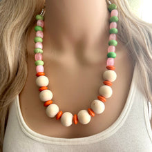 Load image into Gallery viewer, Country Club Big Bead Necklace, single Strand Statement Jewelry, Wood Orange Chunky bib bridesmaid everyday bubble, gifts women pink green