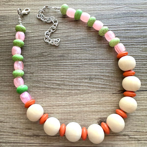 Country Club Big Bead Necklace, single Strand Statement Jewelry, Wood Orange Chunky bib bridesmaid everyday bubble, gifts women pink green