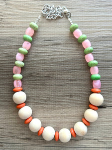 Country Club Big Bead Necklace, single Strand Statement Jewelry, Wood Orange Chunky bib bridesmaid everyday bubble, gifts women pink green