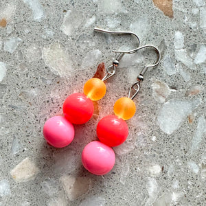 Pink Coral Orange earrings, neon rainbow jewelry, silver geometric earrings pierced dangle drop Statement color block neon