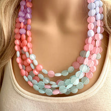 Load image into Gallery viewer, Frosted Berry Breeze Statement Necklace, Chunky 5 Strand Jewelry, purple pink blue bib beaded periwinkle collar coral blush bead lavender