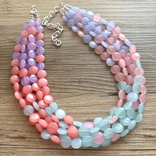 Load image into Gallery viewer, Frosted Berry Breeze Statement Necklace, Chunky 5 Strand Jewelry, purple pink blue bib beaded periwinkle collar coral blush bead lavender