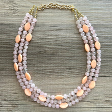 Load image into Gallery viewer, Rose Quartz &amp; Cantelope statement necklace, chunky bib beaded jewelry soft blush pink necklace, multi strand cream peach 3 strand glass