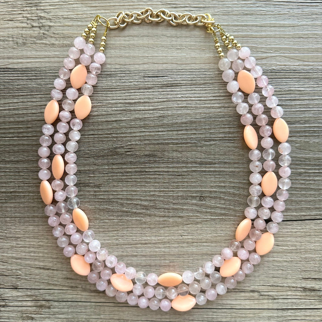 Rose Quartz & Cantelope statement necklace, chunky bib beaded jewelry soft blush pink necklace, multi strand cream peach 3 strand glass