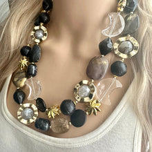 Load image into Gallery viewer, Crescent Moon Celestial Beaded necklace, shiny gold black silver statement necklace, moon stars everyday metal chunky moon phase witch