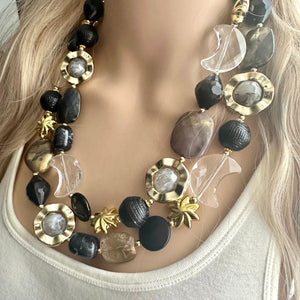Crescent Moon Celestial Beaded necklace, shiny gold black silver statement necklace, moon stars everyday metal chunky moon phase witch